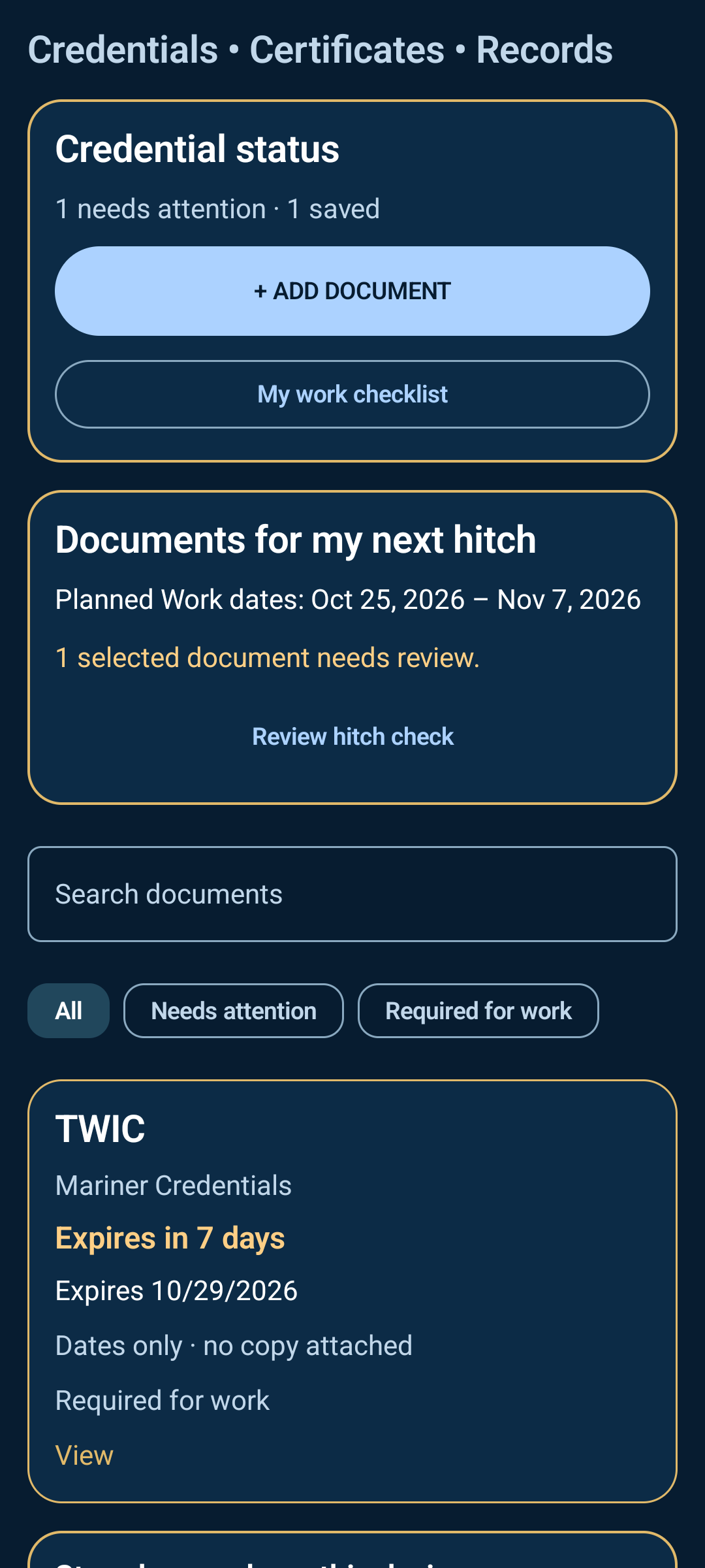 My Documents sample screen showing a personal work checklist, next hitch document review, search, and an expiring TWIC record.