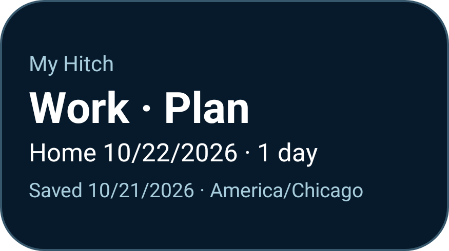 Android widget sample showing Work plan, next Home date, and when the plan was saved.